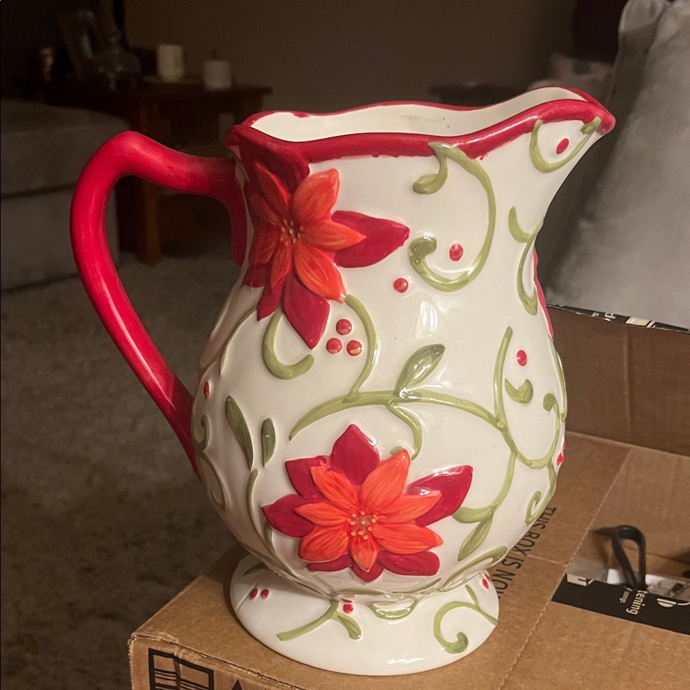 Elite collection Traditional Christmas Ceramic Pitcher Red and Green poinsettia